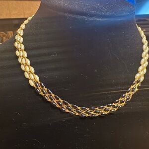 Vintage 1960s Woven Gold Chain Black & Ivory Cabochon Collar Necklace